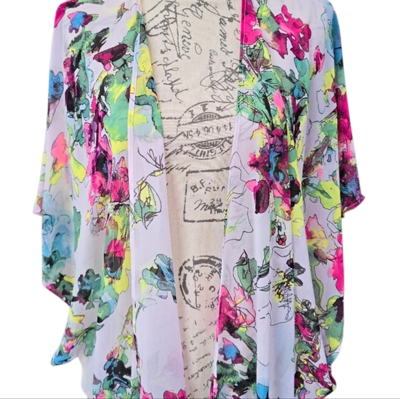 OP Multicolor Floral White Fringed Swim Cover Kimono XL - Picture 4 of 7